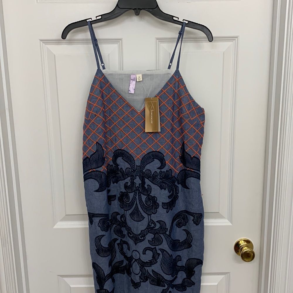 Francesca’s Alya Size Medium spaghetti strap dress with great navy/orange detail